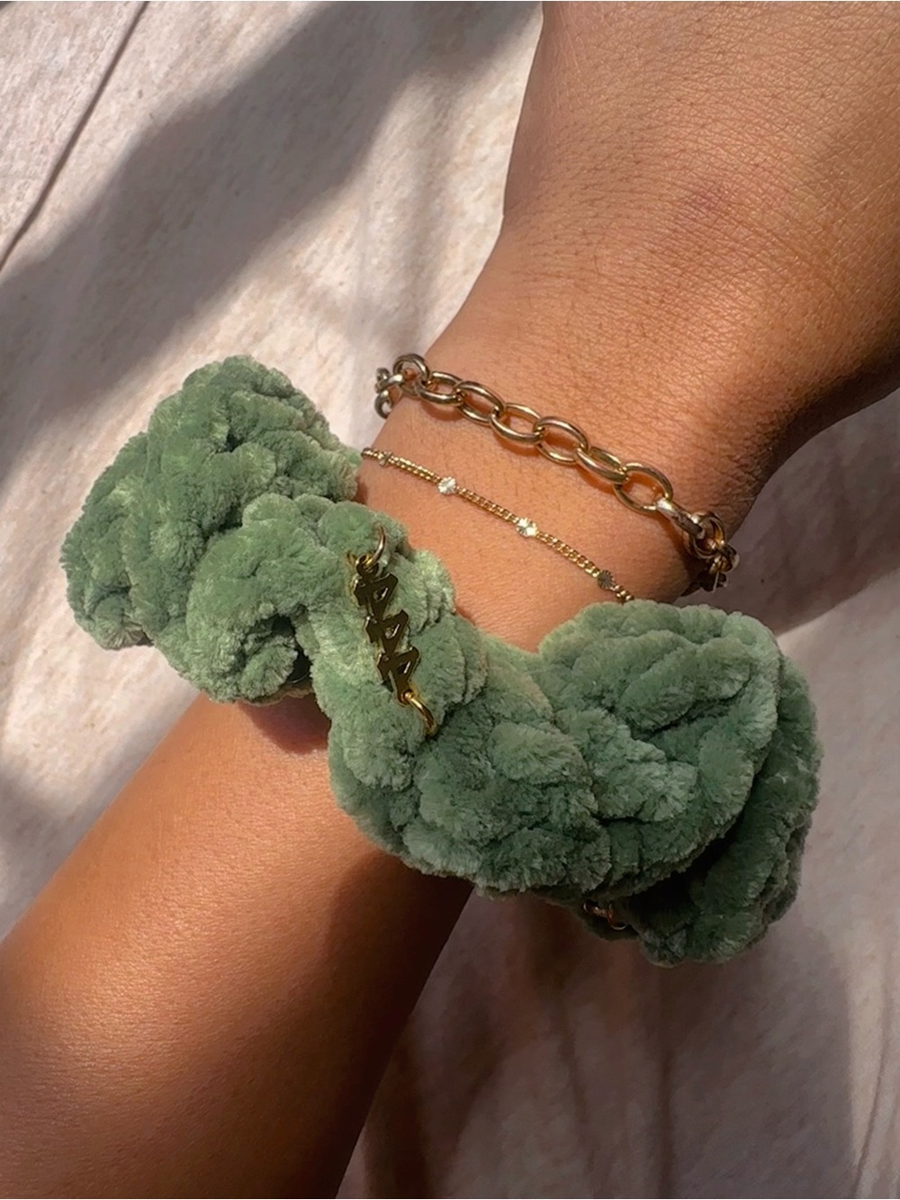 444 Angel Number Velvet Sage Green Crochet Charmed Scrunchie Bracelet